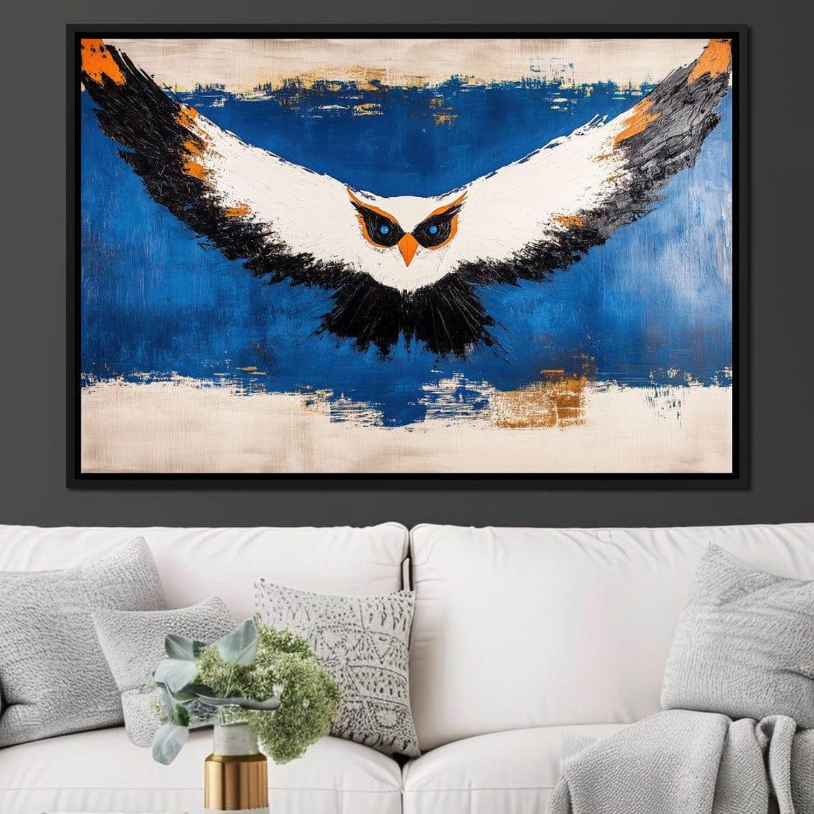 White Owl Diving With Spread Wings Cobalt Blue Abstract Art Poster - Image 3