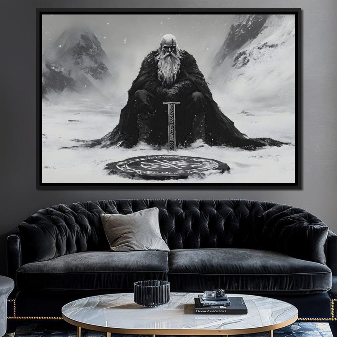 Ancient Nordic Vigilance Viking Warrior, Monochrome Art Print - Image 4