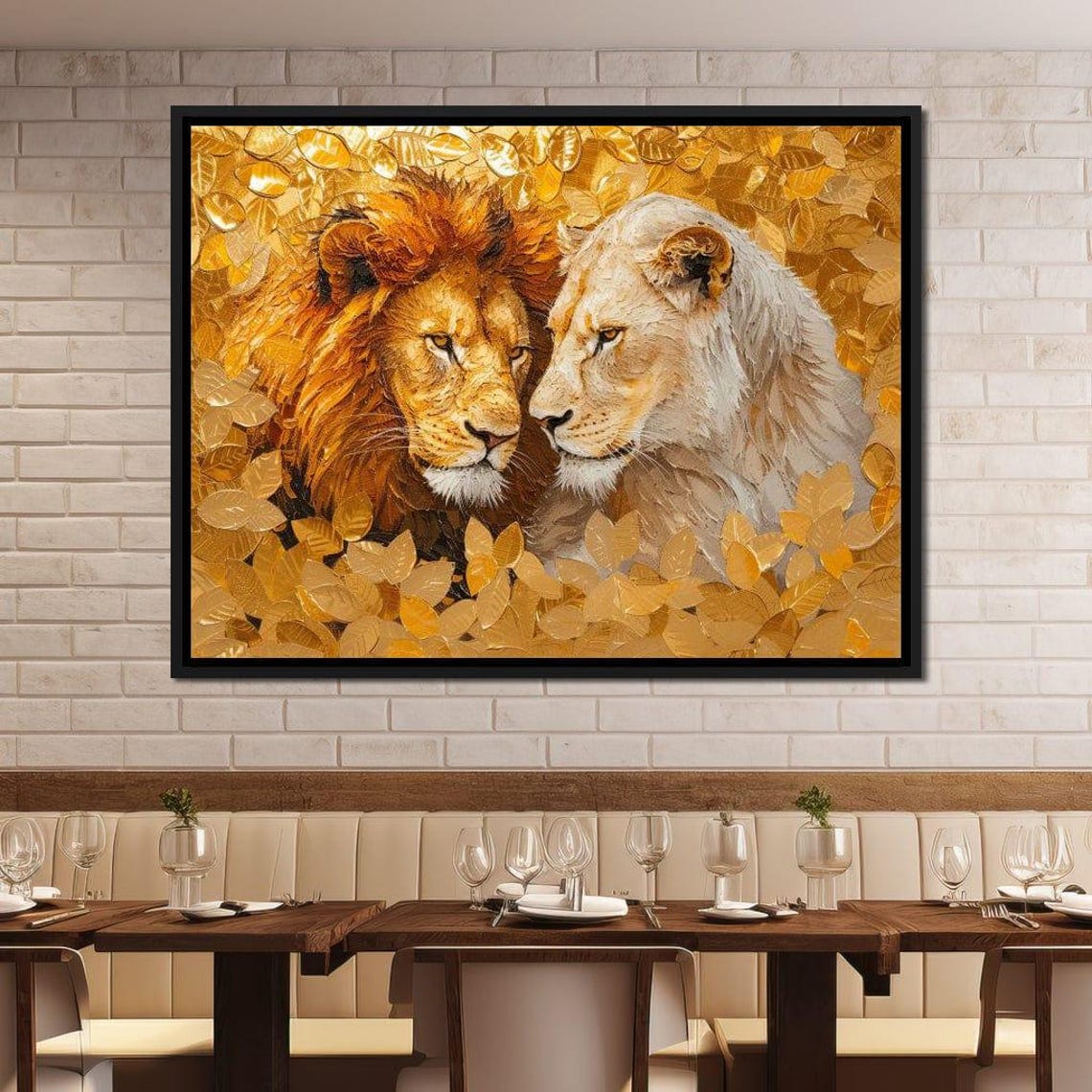 Golden Lion Couple Regal Five Panel Canvas Portrait Wildlife Wall Art - Image 4
