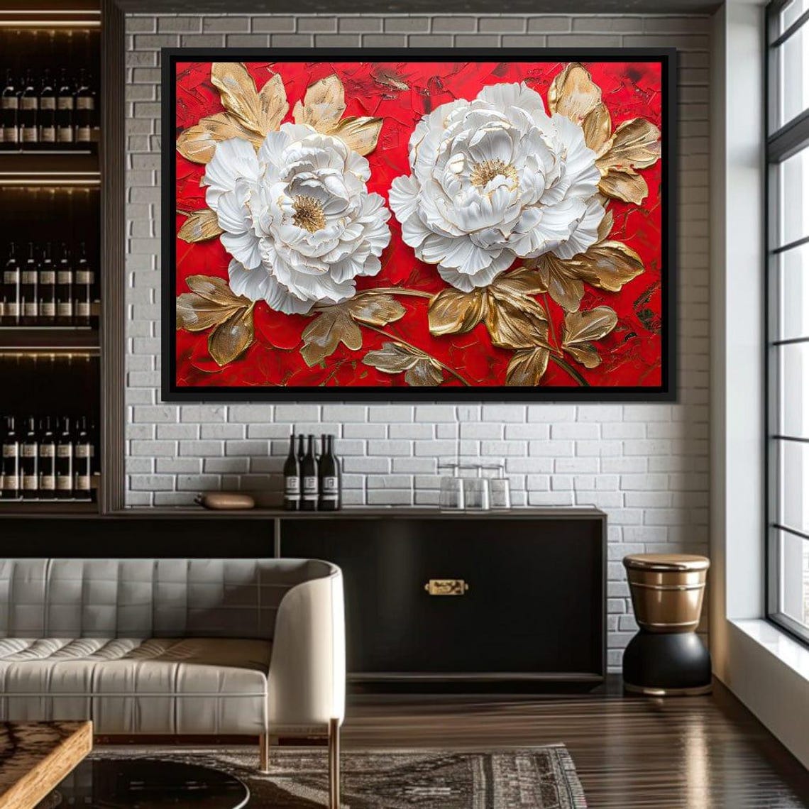 White Peonies on Red with Gold Leaves Bold Floral Wall Art Poster - Image 2