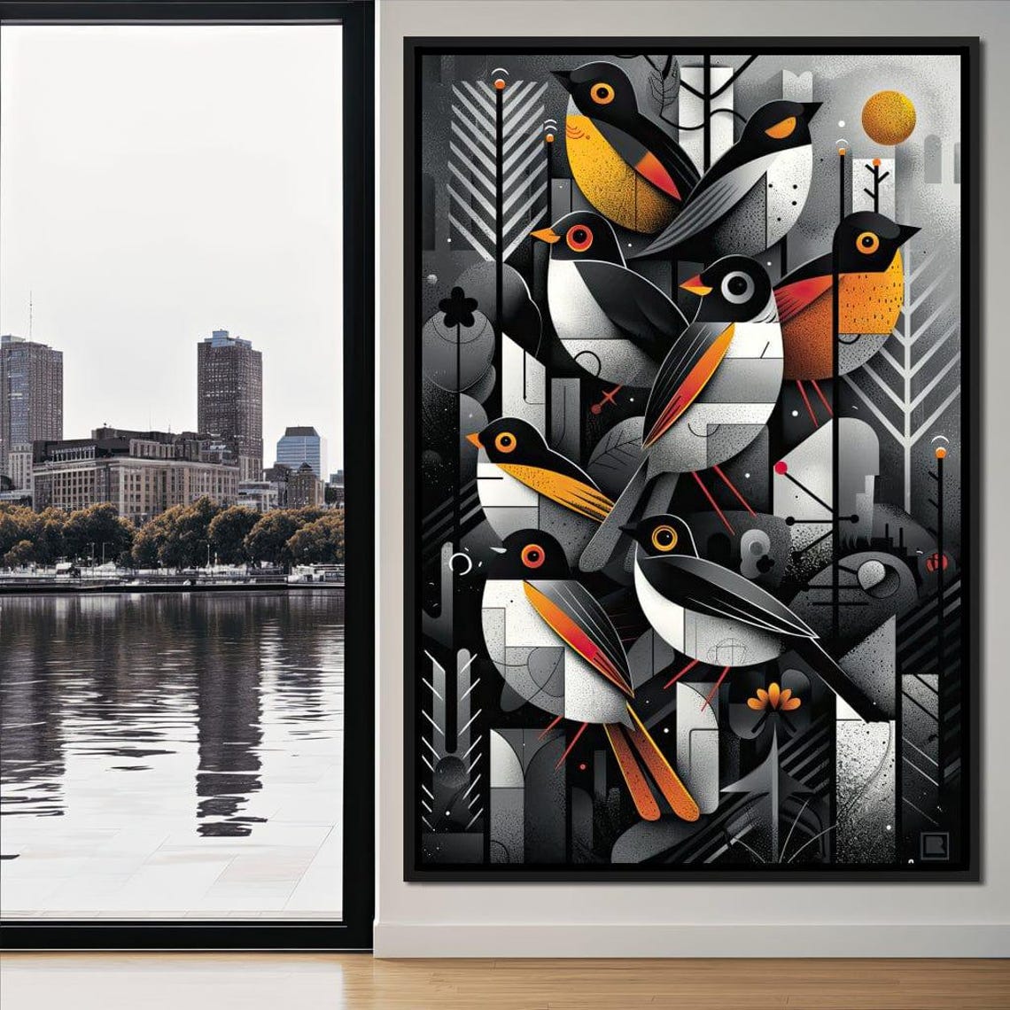 Geometric Songbird Abstract Art Black White Orange Modern Bird Print