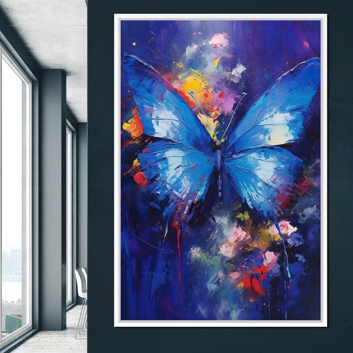 Blue Butterfly Painting Vivid Abstract Floral Nature Wall Art - Image 2