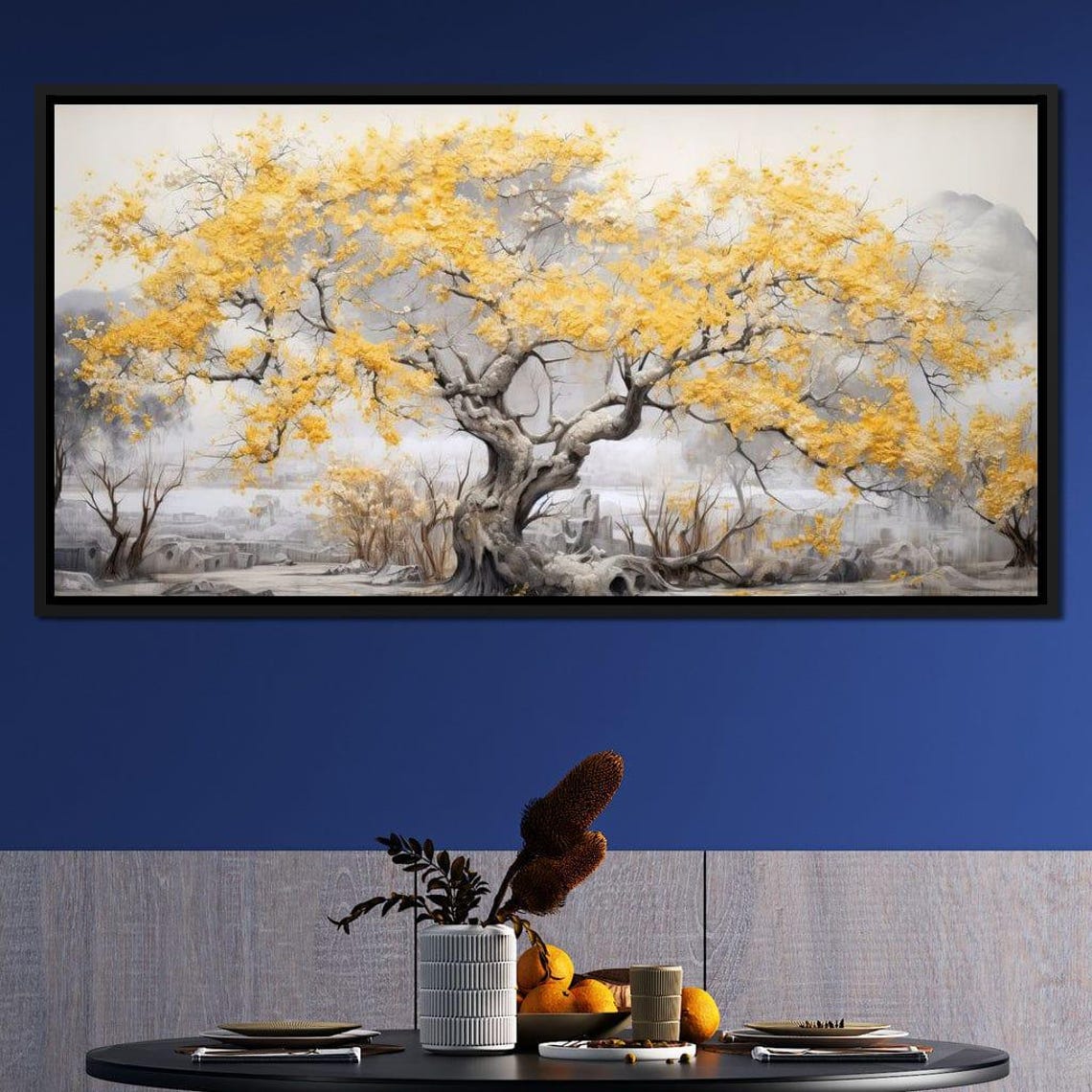 Golden Blossom Tree Misty Grey Landscape Serene Autumn Nature Wall Art - Image 3