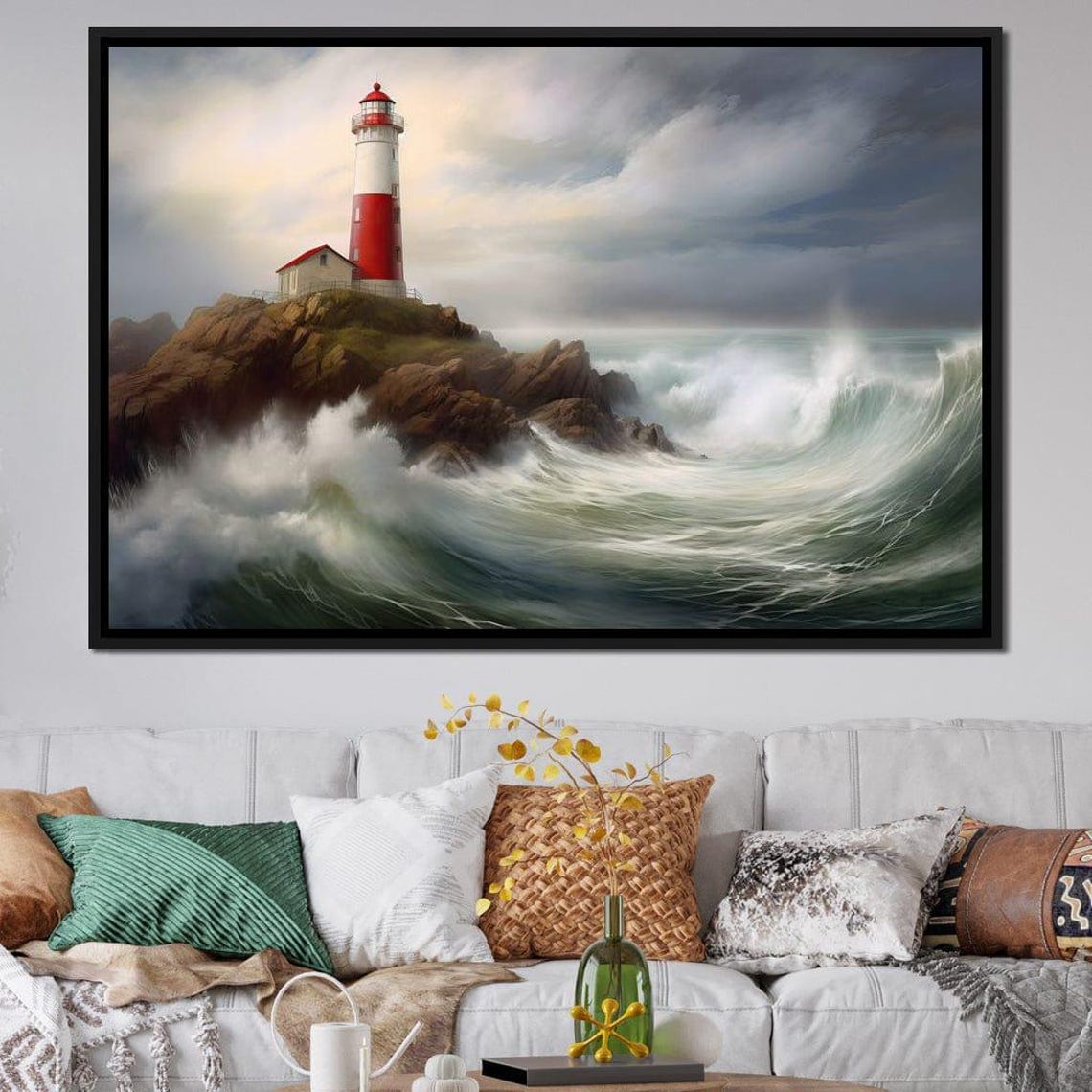 Red White Lighthouse Rocky Cliff Crashing Waves Coastal Travel Poster - Image 3