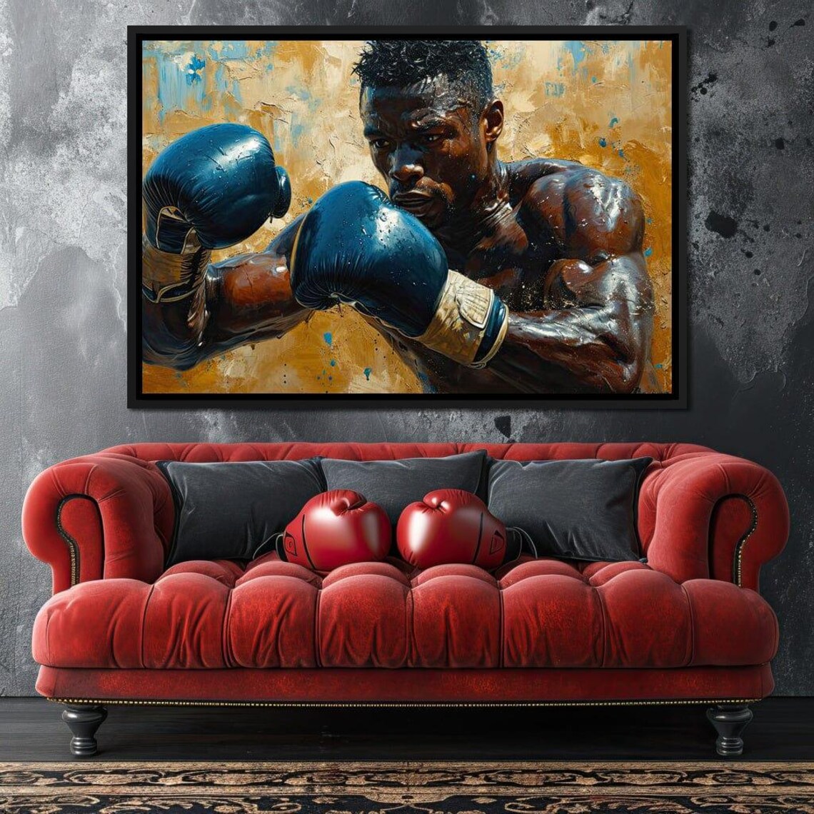 Boxer With Blue Gloves Golden Canvas Motivational Fighter Sports Wall Art Poster - Image 4