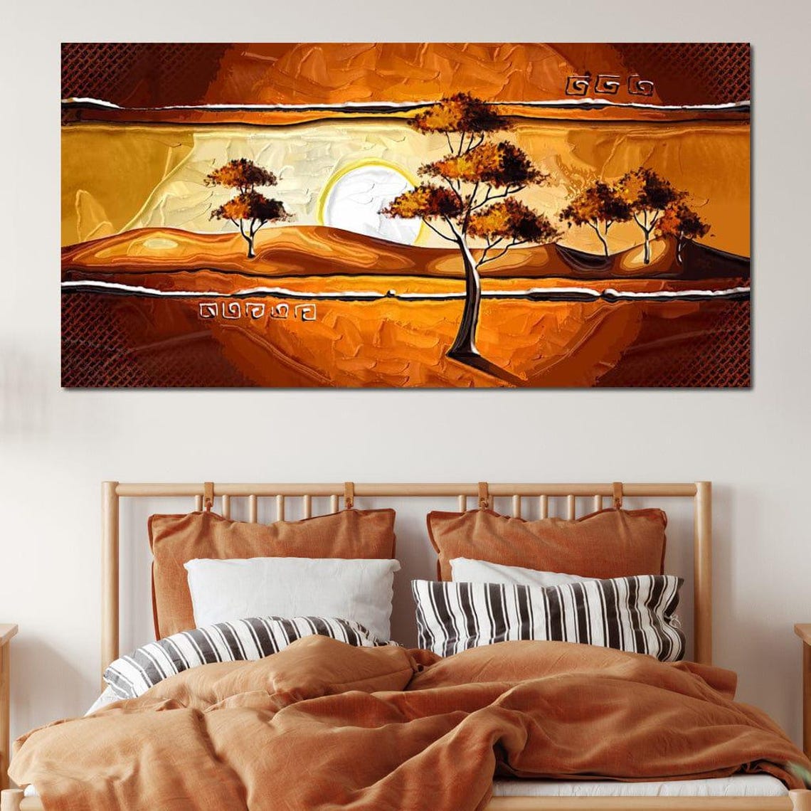 African Savanna Sunset Acacia Trees Amber Landscape Wall Art - Image 3