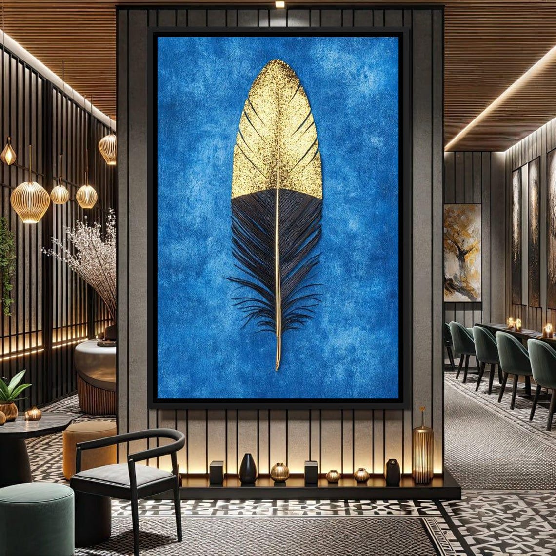 Gold Dipped Black Feather On Vibrant Blue Modern Statement Wall Art