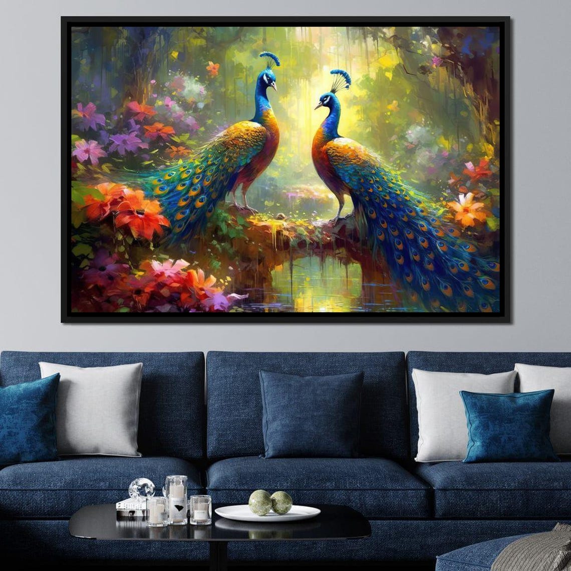 Two Peacocks Lush Tropical Flowers Vibrant Forest Pair Painting Print - Image 4