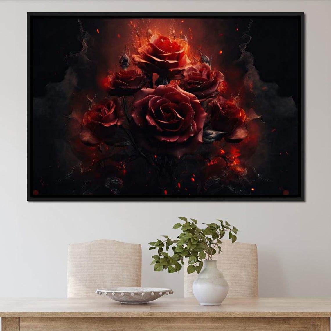 Fiery Red Roses Ember Glow Dark Moody Floral Wall Art Poster - Image 2