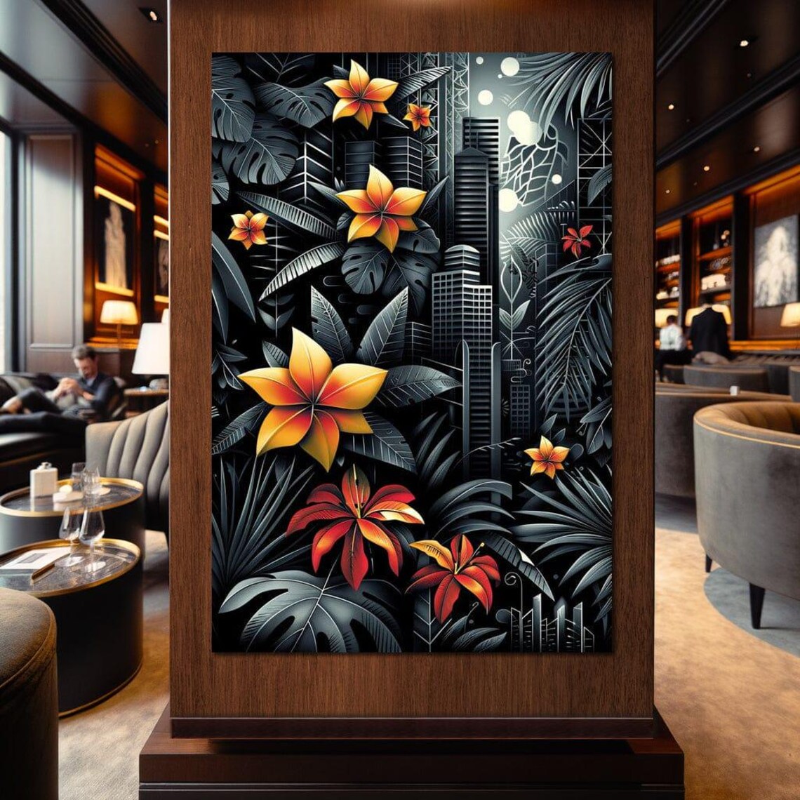 Tropical Fiery Blooms Black Monstera Jungle Night Garden Wall Art - Image 3