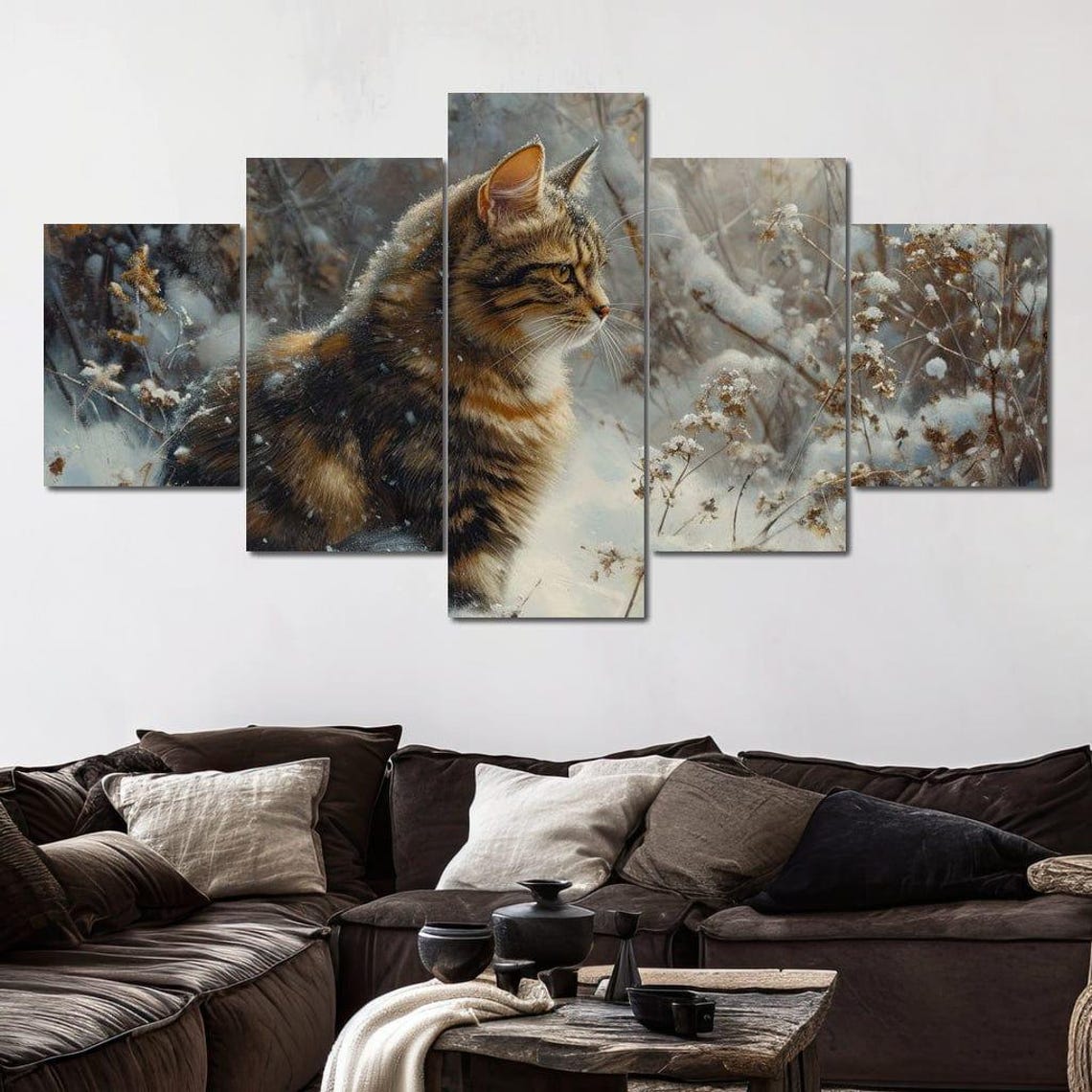 Tabby Cat In Snow Winter Wildlife Painting Serene Cat Lovers Art Print - Image 4
