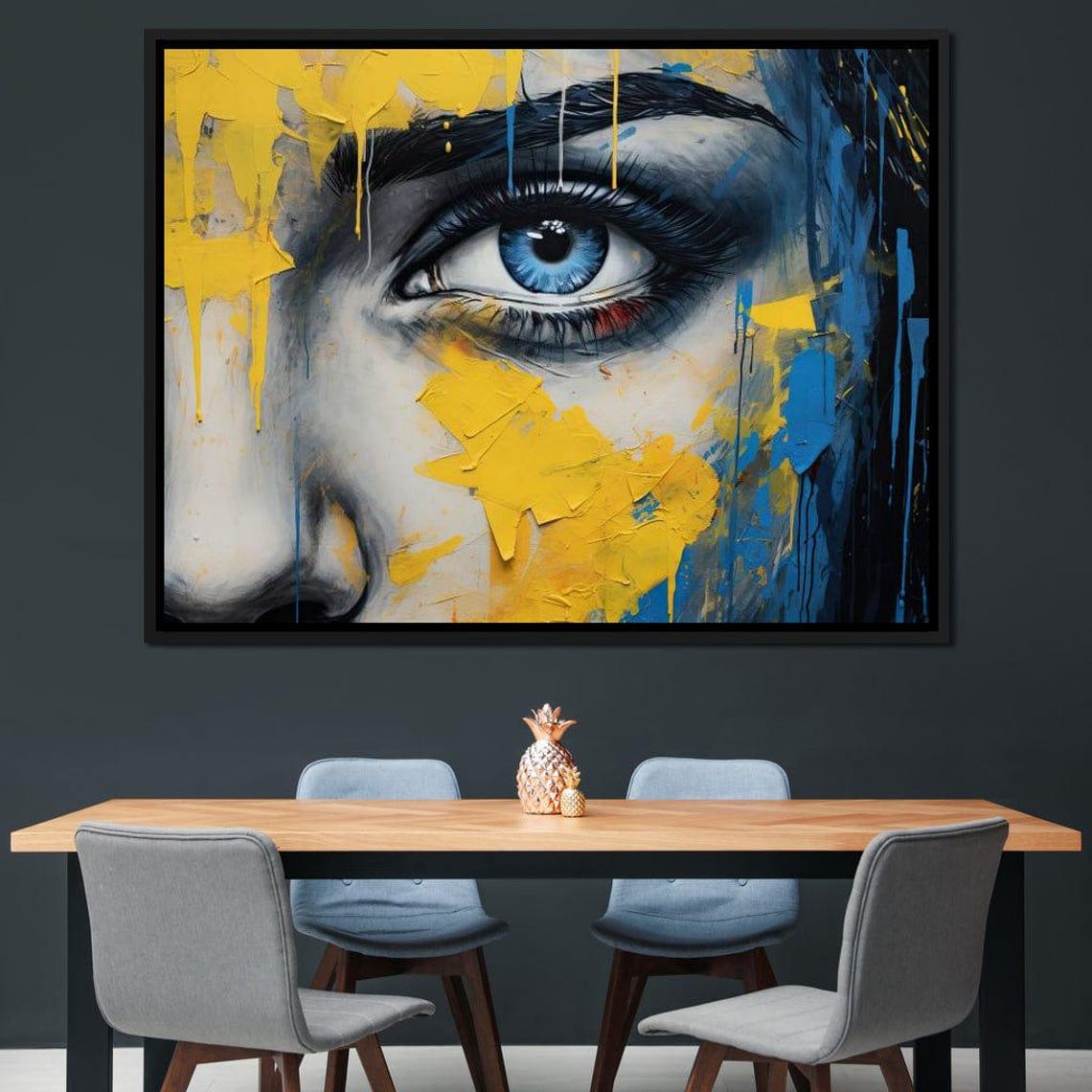 Blue Eye Yellow Graffiti Drips Urban Contemporary Eye Portrait Print