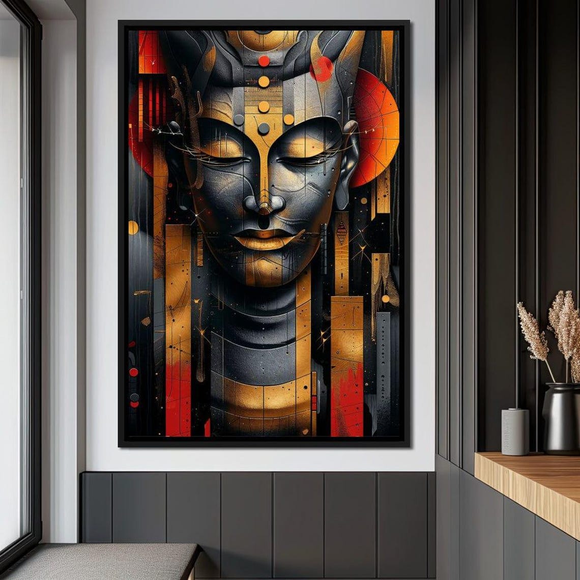 Tribal Sun Buddha Golden Mask Red Dots Abstract Zen Wall Art Poster - Image 4