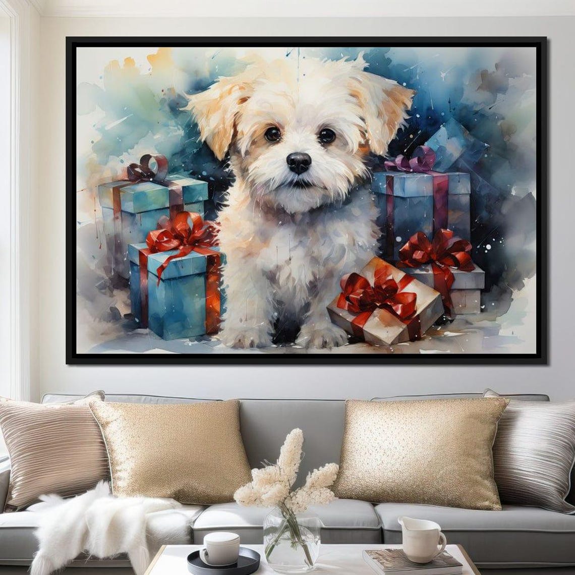 White Fluffy Puppy Christmas Gifts Watercolor Holiday Dog Art Print - Image 3