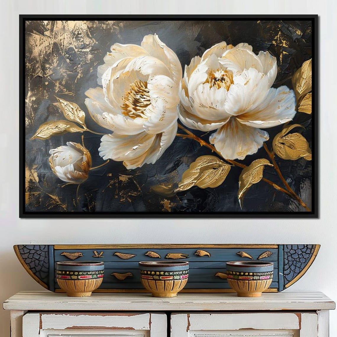 White Peony Blossoms Gold Leaf Midnight Botanical Wall Art Poster - Image 2