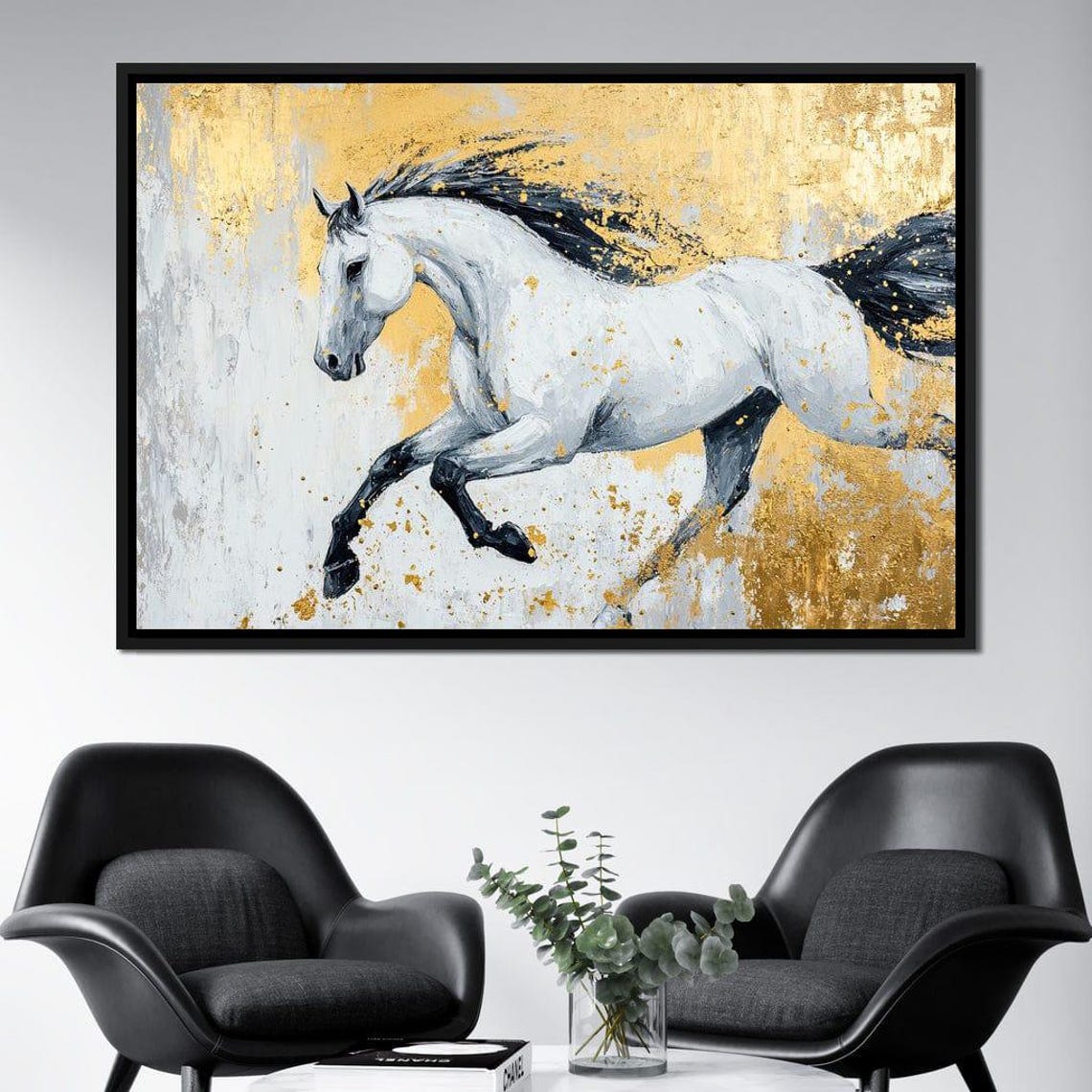 White Horse Galloping Gold Splatter Abstract Equine Modern Poster - Image 2