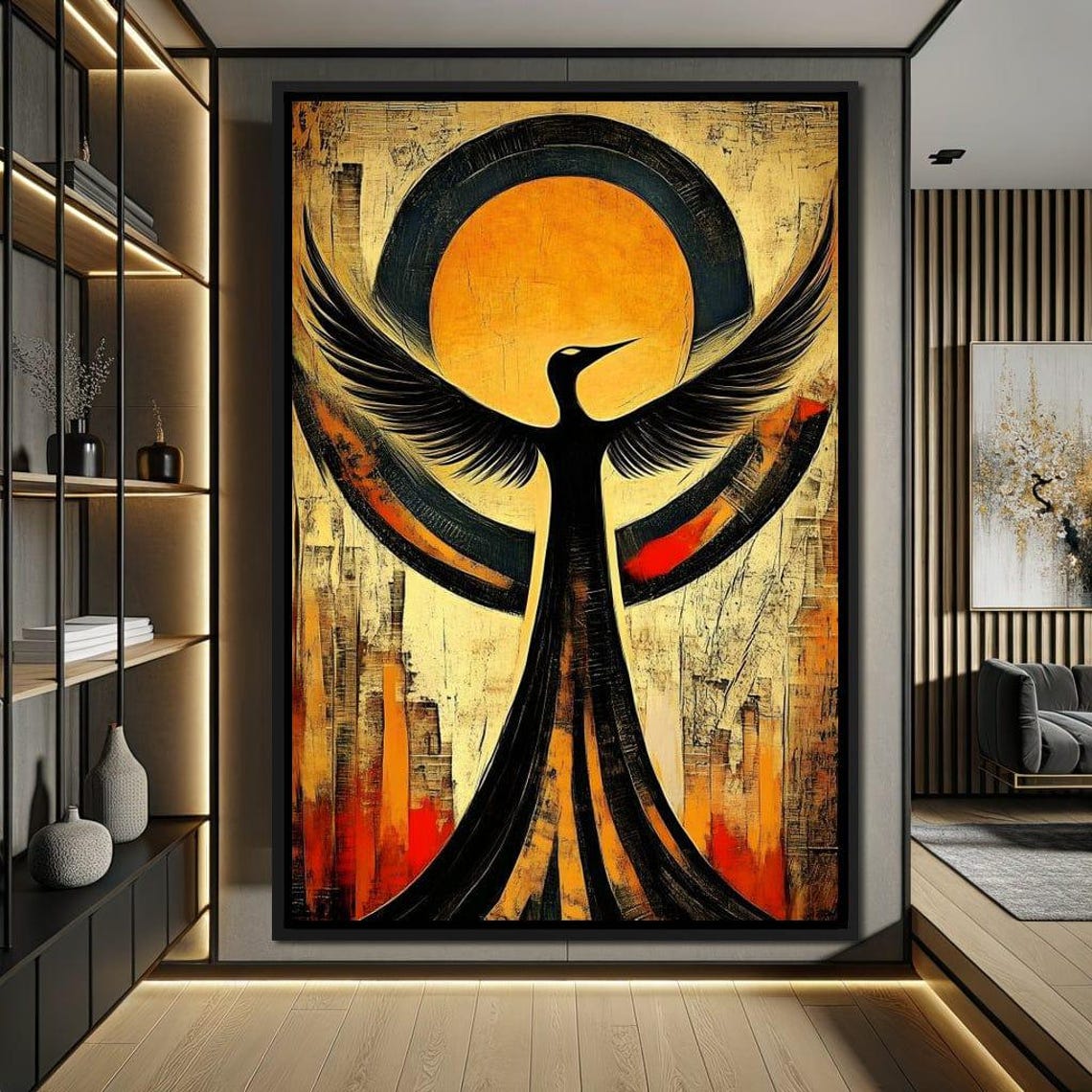 Black Phoenix With Wings Spread Before A Golden Sun Circle Wall Art