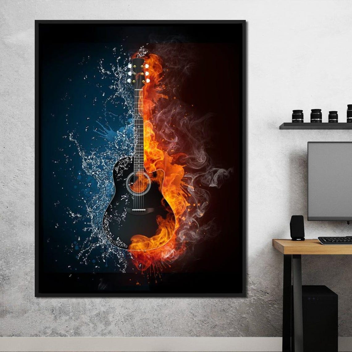 Acoustic Guitar Fire And Water Elemental Flames Artwork Music Poster