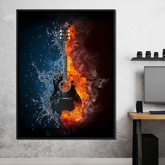 Acoustic Guitar Fire And Water Elemental Flames Artwork Music Poster