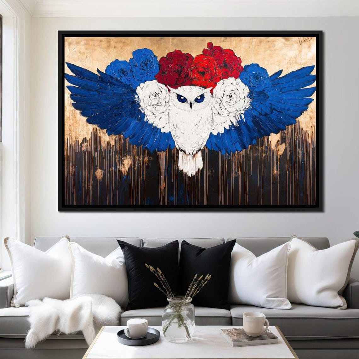 White Owl Spread Blue Wings Rose Crown Gold Drips Wildlife Poster
