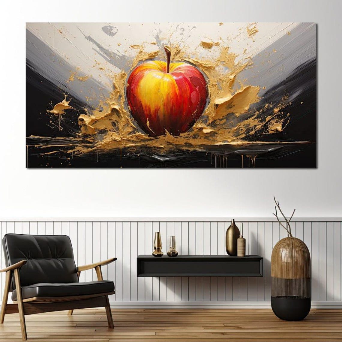Red Apple Exploding Golden Paint Splash Dramatic Fruit Pop Art Poster - Image 2