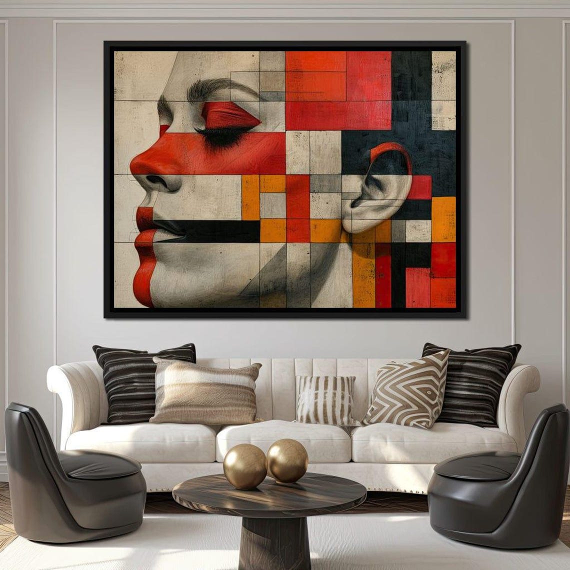 Geometric Cubist Female Face Red Orange Blocks Modern Art Print - Image 4