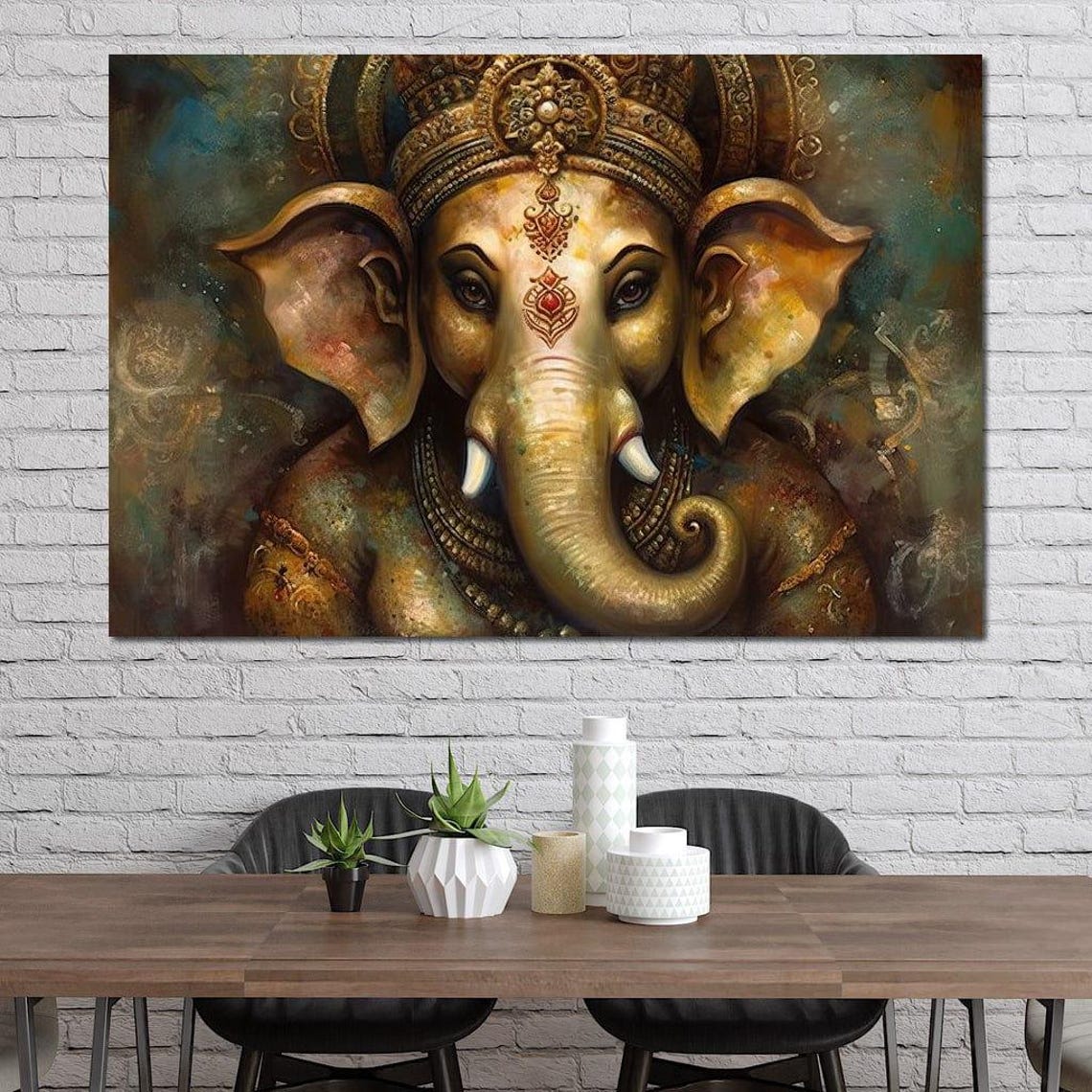 Golden Ganesha Face Close Up Ornate Crown Hindu Deity Spiritual Poster - Image 2