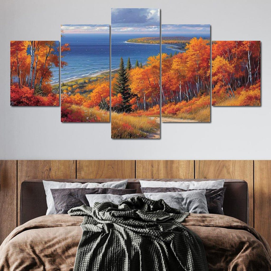 Autumn Birch Forest Lake View Five Panel Fall Foliage Travel Poster