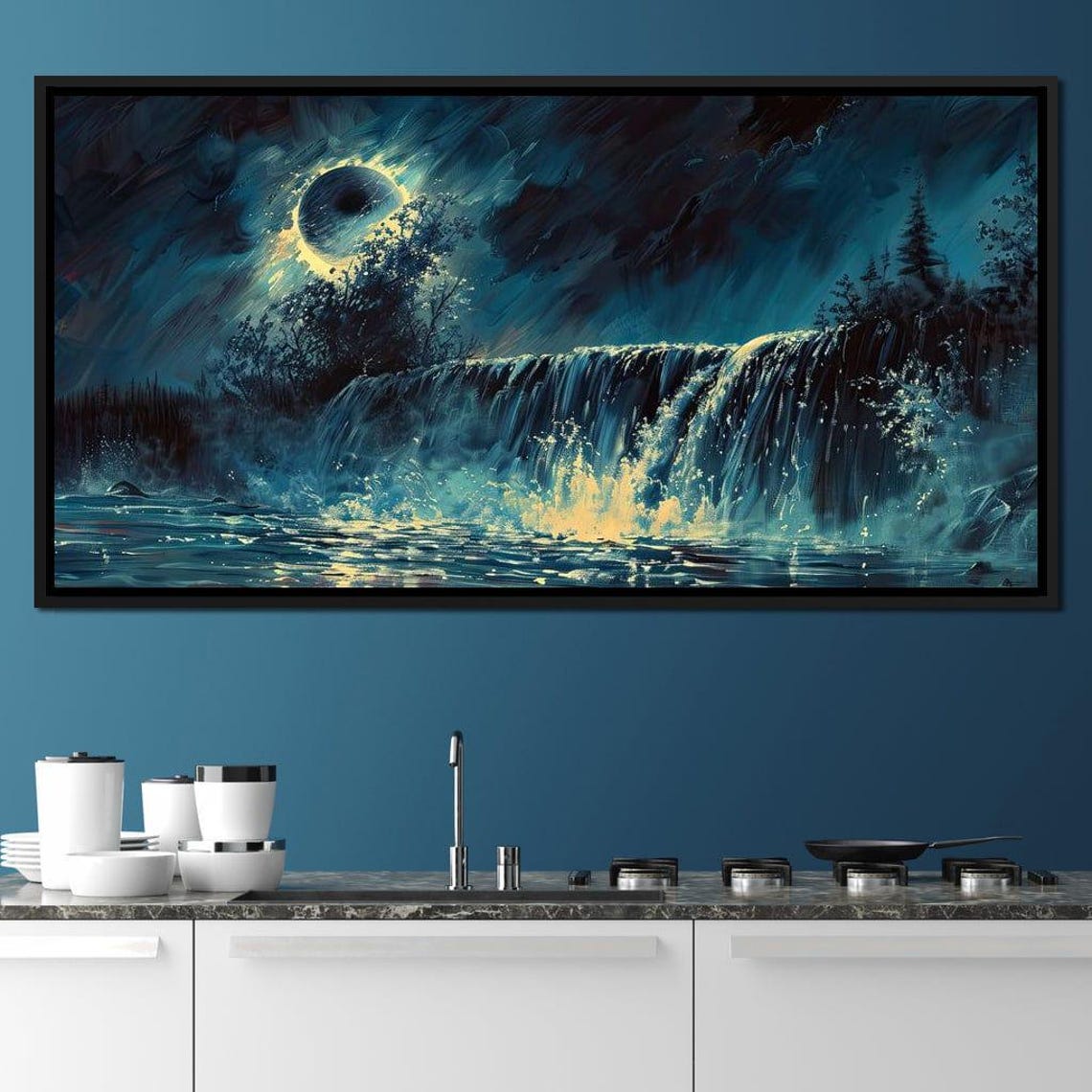 Lunar Cascade Turquoise Waterfall Art Nightscape Mystical Landscape Dreamy Nature Decor Fluid Lunar Scene By Nichecanvas - Image 3