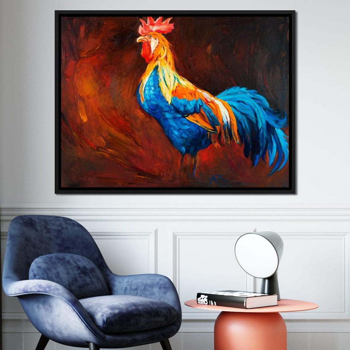 Vibrant Blue And Orange Rooster Bold Folk Art Painting Style Poster - Image 2