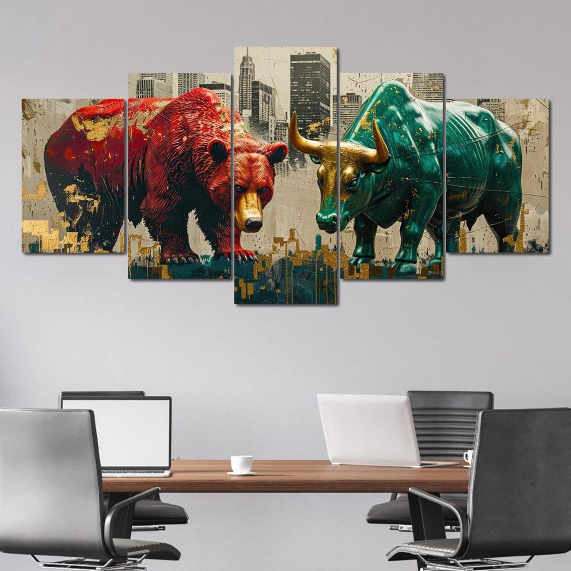 Red Bear Versus Green Bull Wall Street Stock Market Skyline Poster - Image 4