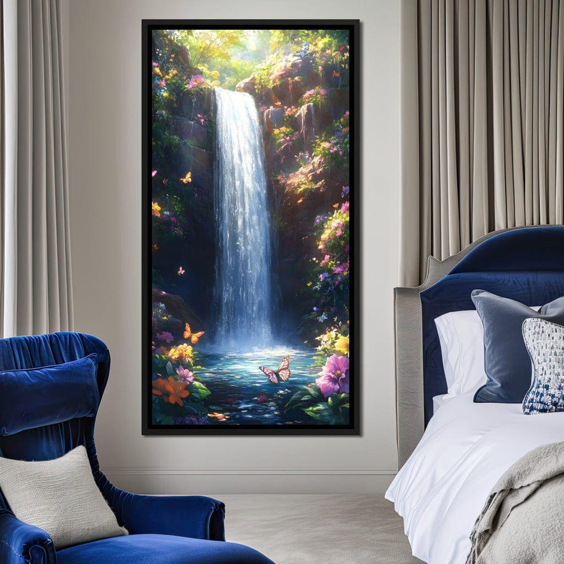 Hidden Waterfall with Butterflies and Tropical Flowers Wall Poster - Image 3