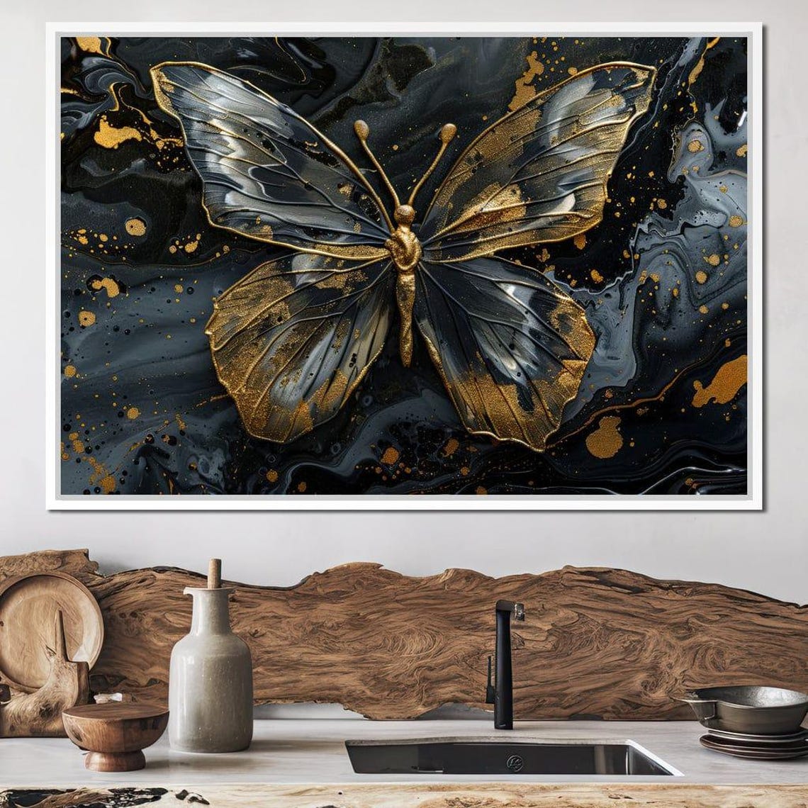 Gilded Butterfly Silhouette Black Gold Multi Panel Canvas Wall Art - Image 2
