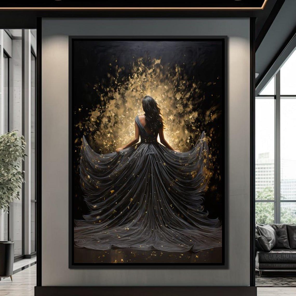 Woman Black Flowing Gown Gold Sparkles Dark Elegant Night Poster - Image 4