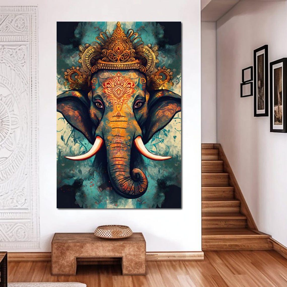Gilded Ganesha Elephant Deity Ornate Crown Spiritual Wall Art - Image 2