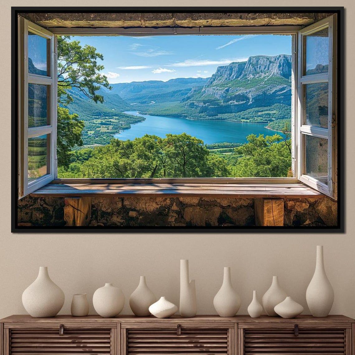 Open Window View Mountain Lake Serene Scenic Landscape Poster - Image 3