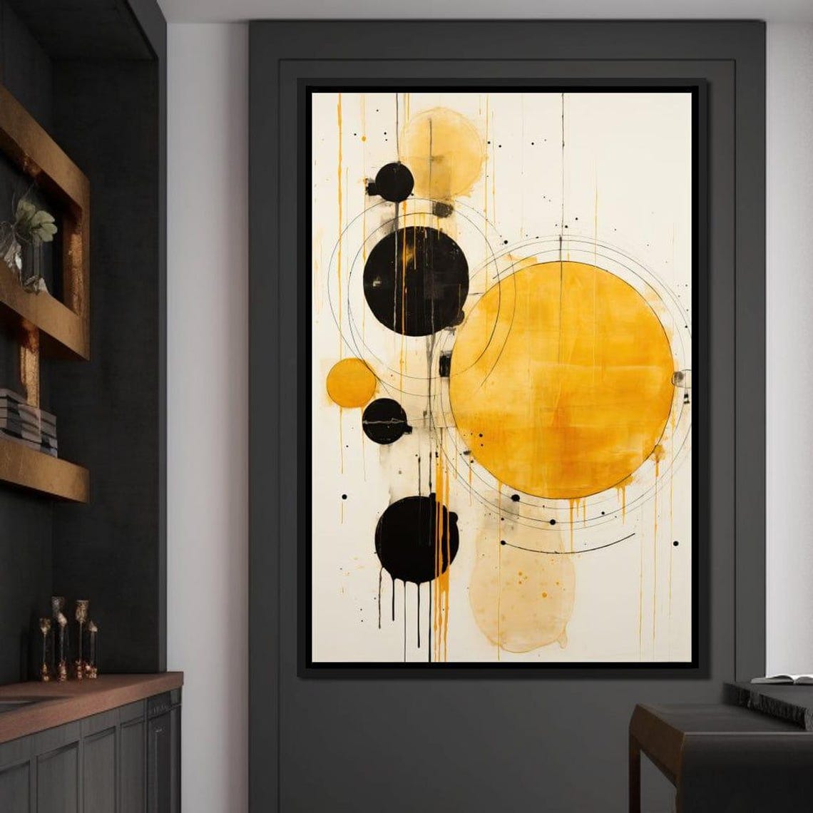 Abstract Black Gold Circle Drip Paint Minimalist Modern Art Poster