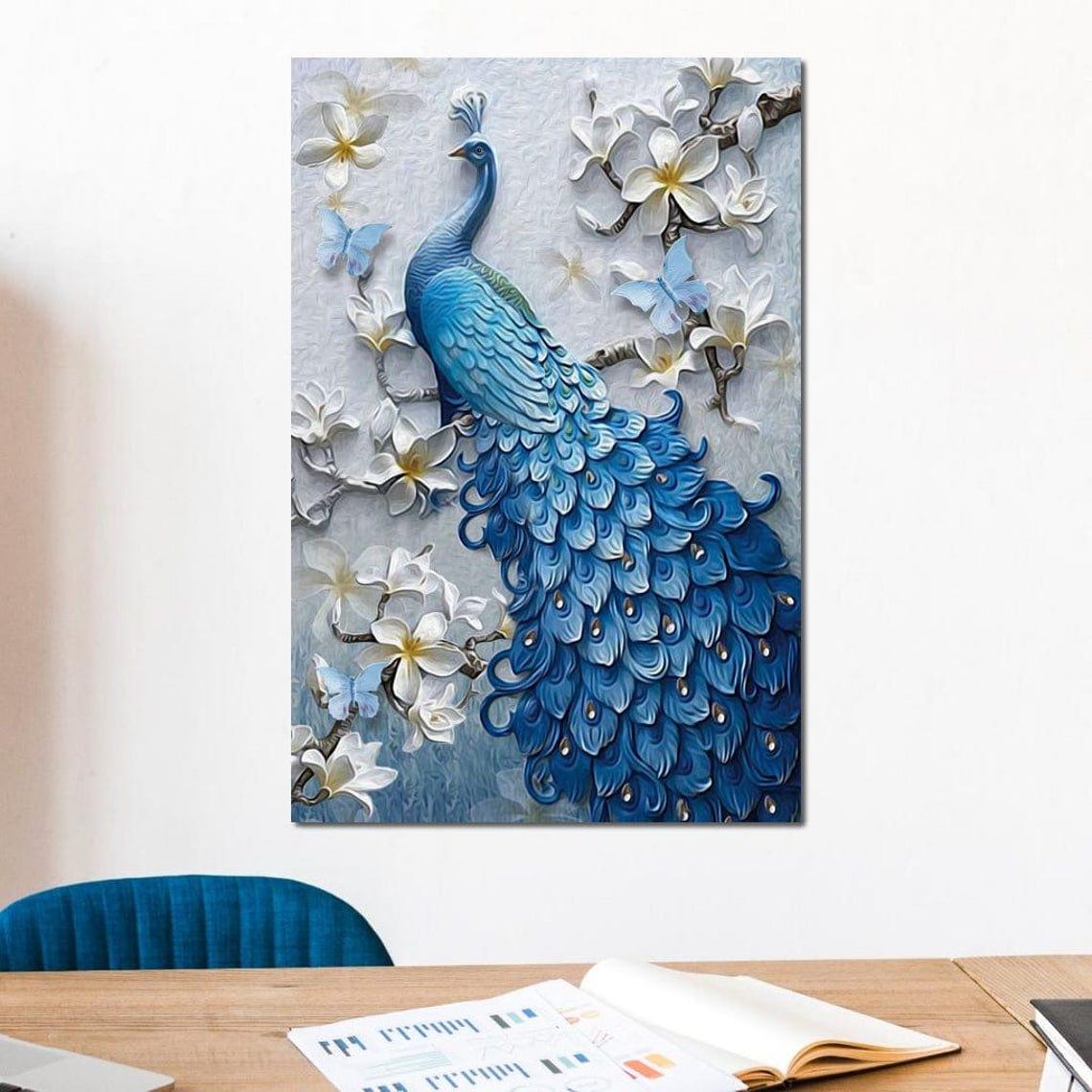 Blue Peacock 3D Embossed White Flowers Relief Elegant Bird Wall Art - Image 4