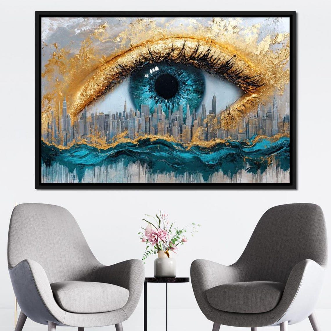 Teal Eye Gold Leaf City Skyline Ocean Waves Surreal Urban Wall Art - Image 2