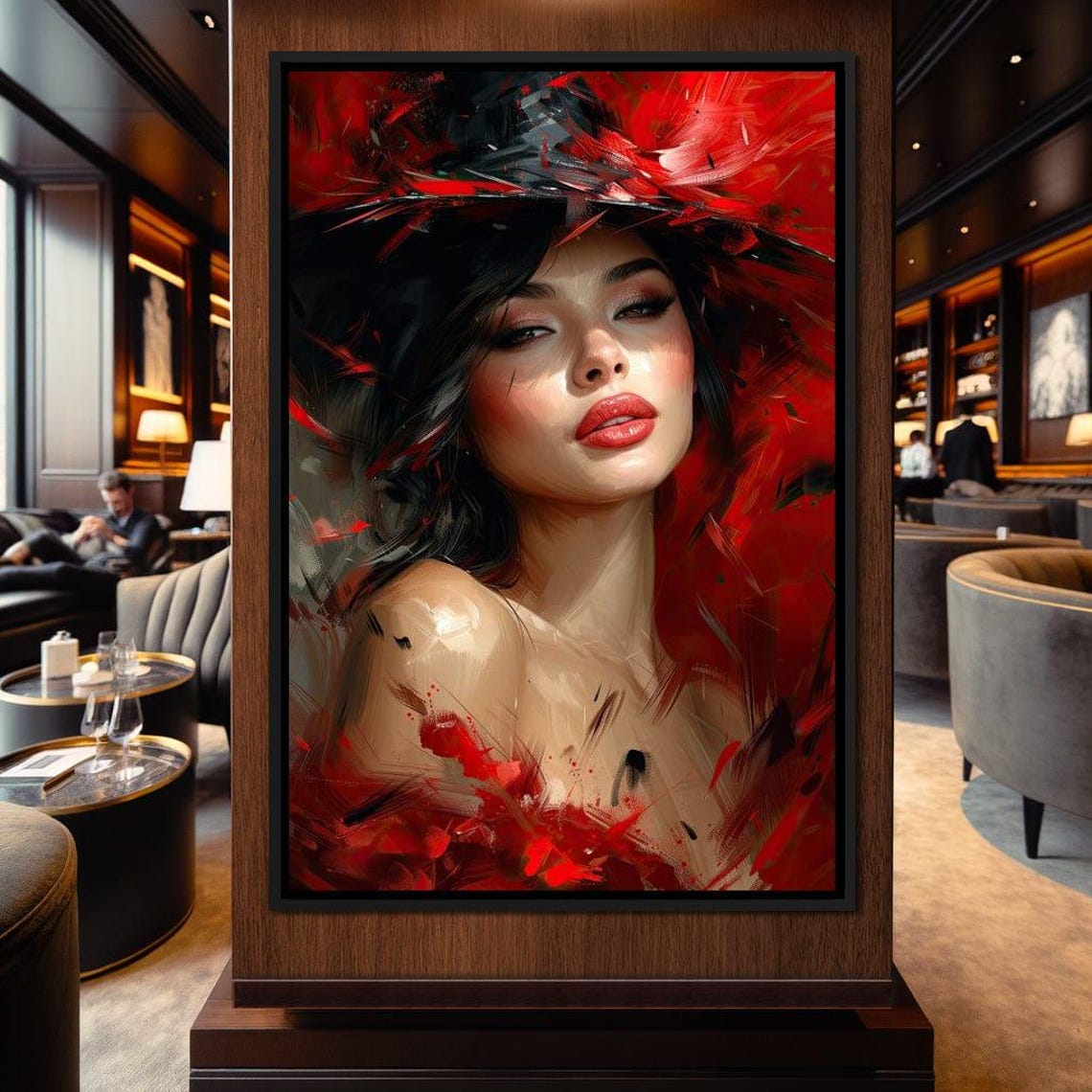 Scarlet Fedora Beauty Dark Glamour Bold Red Portrait Wall Art - Image 4