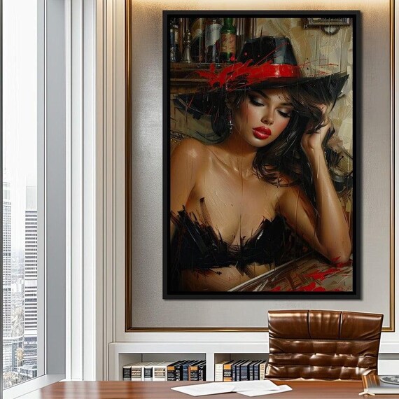Noir Fedora Woman Red Band Dramatic Bar Room Portrait Art Print