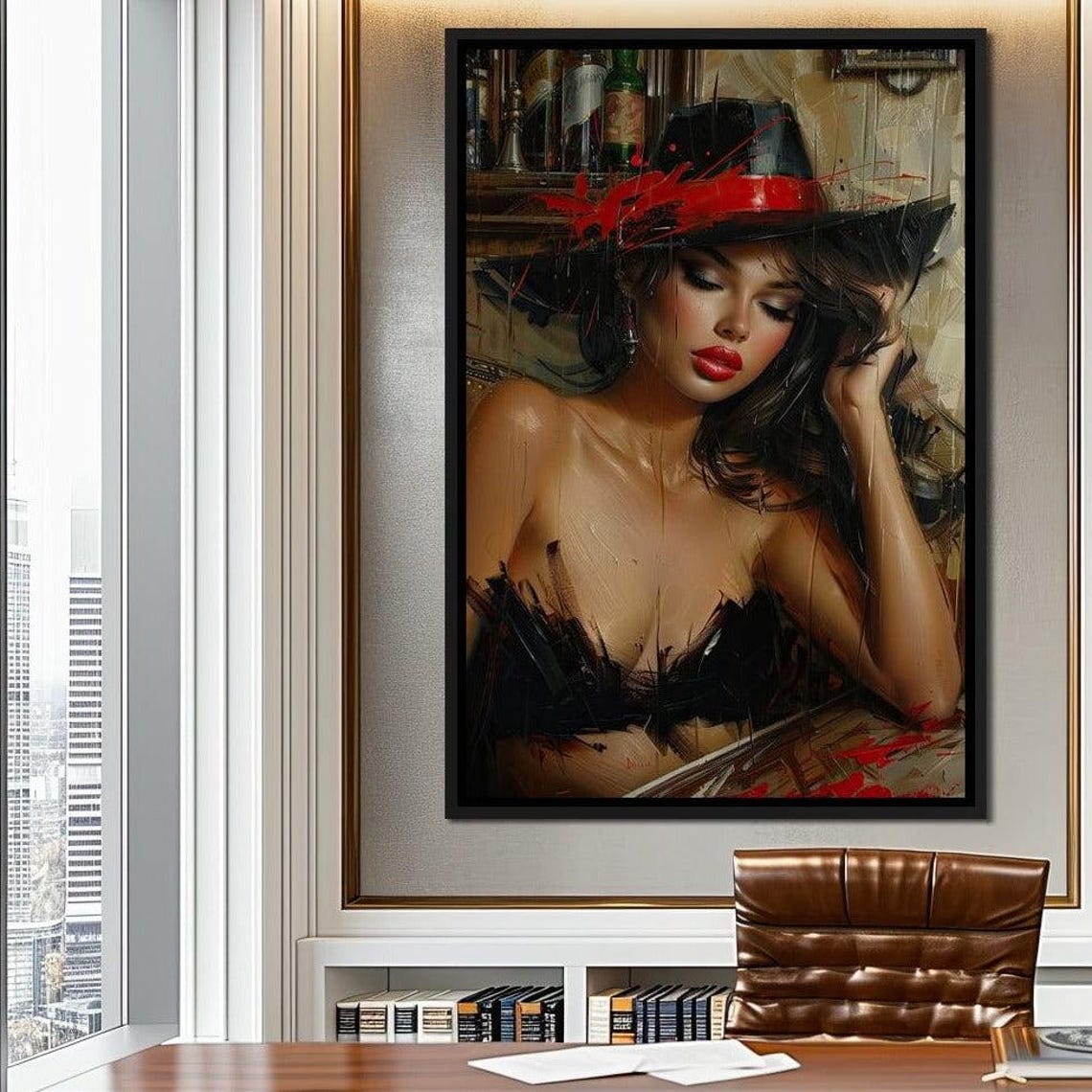 Noir Fedora Woman Red Band Dramatic Bar Room Portrait Art Print