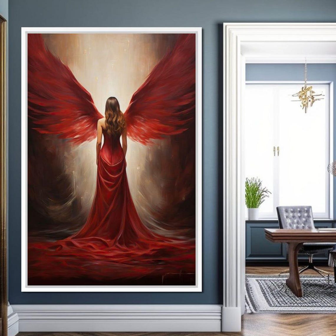 Red Angel Wings Woman Gown Dark Dramatic Divine Beauty Art Print - Image 3