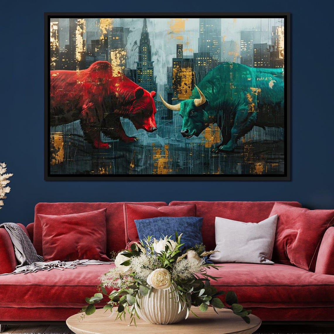 Bear Versus Bull Night City Finance Clash Golden Artwork Poster - Image 2