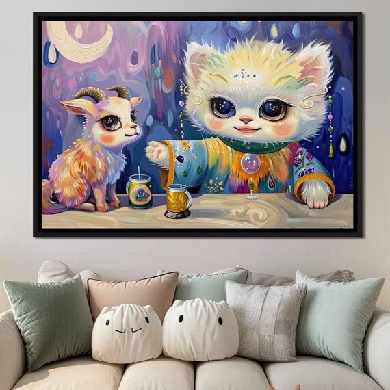 Cute Kitten And Baby Goat Tea Party Starry Night Whimsical Kids Room Wall Poster