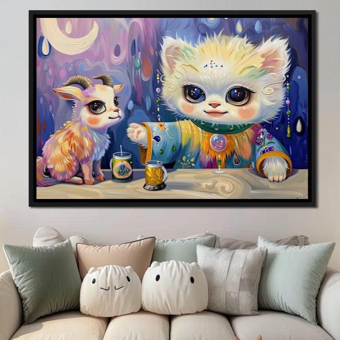 Cute Kitten And Baby Goat Tea Party Starry Night Whimsical Kids Room Wall Poster