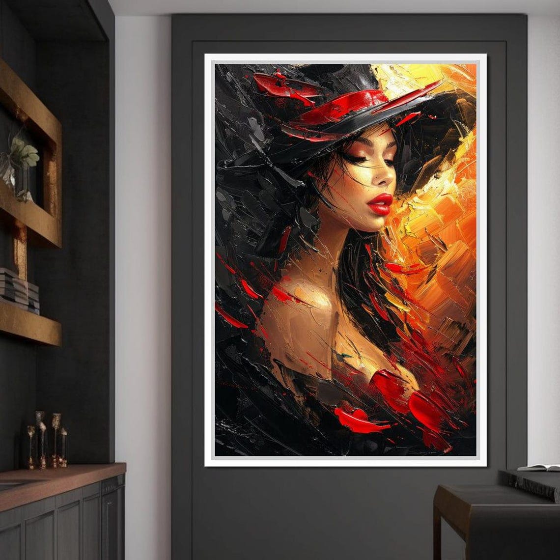 Fiery Elegance Woman Black Hat Red Orange Abstract Painting Poster - Image 3