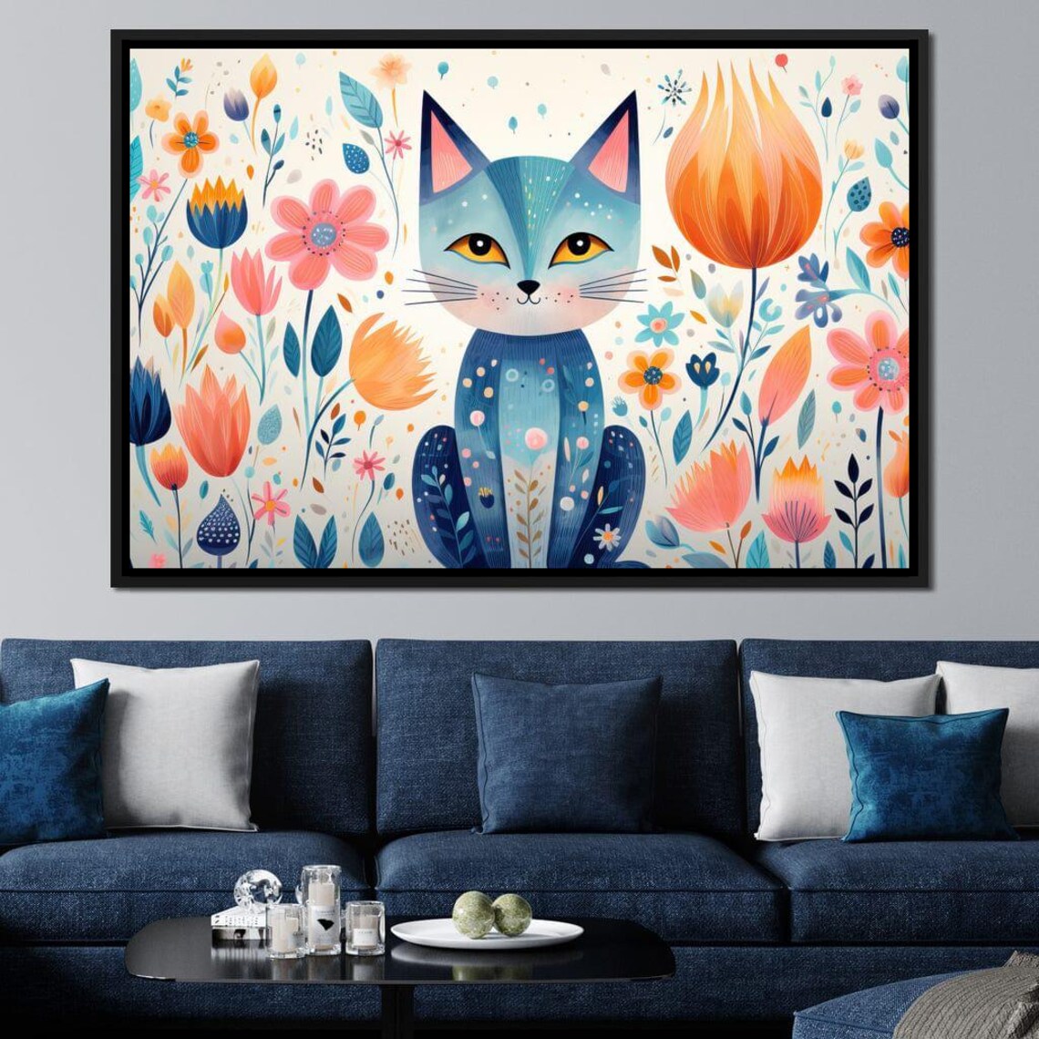 Whimsical Blue Cat Among Colorful Folk Flowers Kids Wall Art Poster