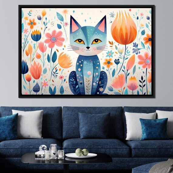 Whimsical Blue Cat Among Colorful Folk Flowers Kids Wall Art Poster