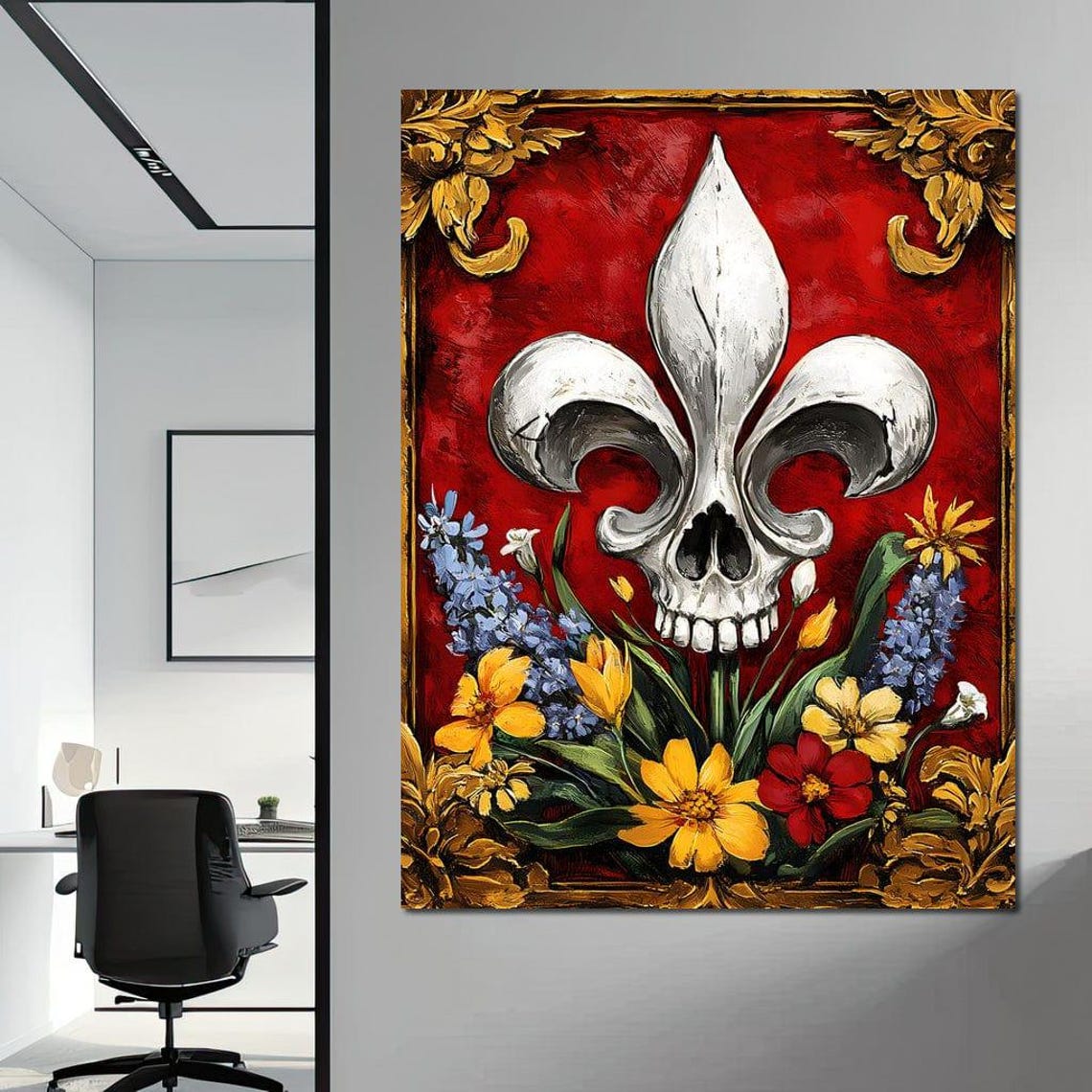Fleur De Lys Skull Fusion with Blooming Flowers on Red Poster - Image 4
